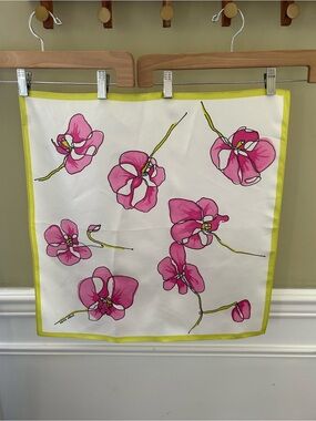 NWOT 21” x 21” Floral Pink Orchid Silk Scarf with Lime Trim